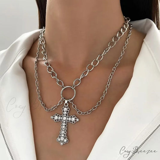 INS Alloy Vintage Diamond Cross Pendant Necklace SILVER