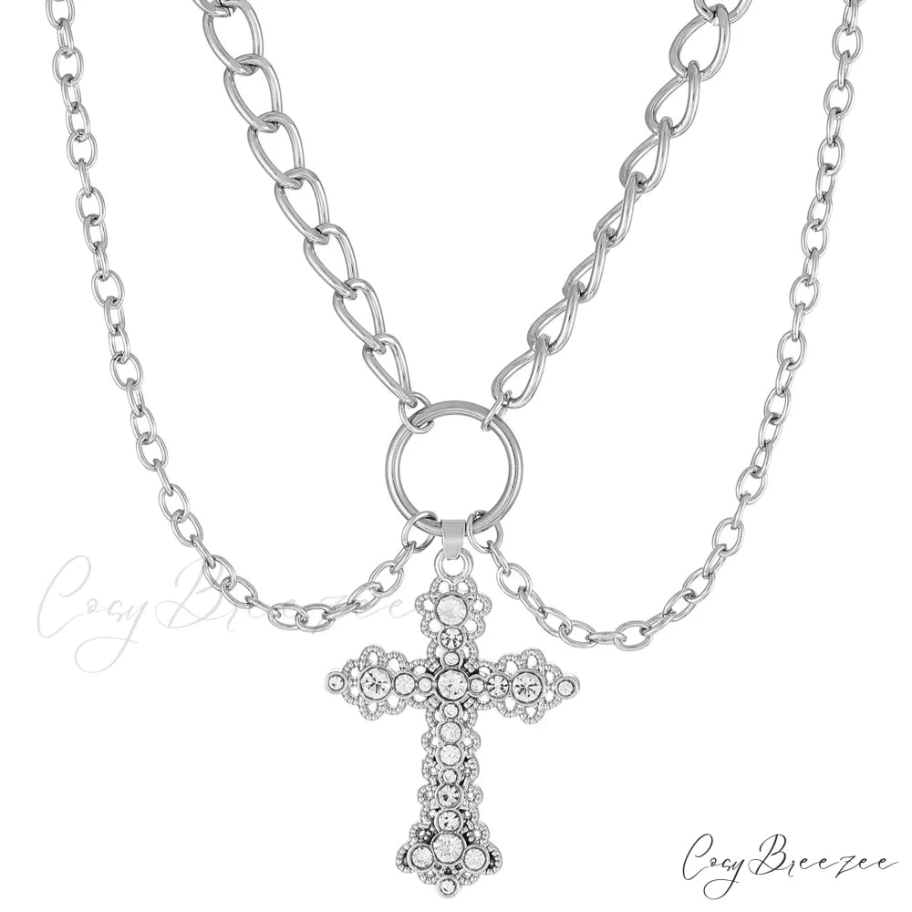INS Alloy Vintage Diamond Cross Pendant Necklace SILVER