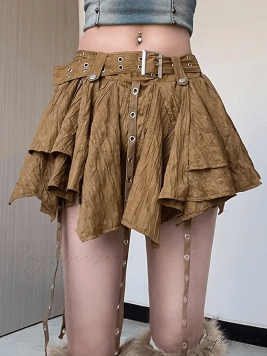 Irregular Belt Graceful Waist Mini Dress Brown / S