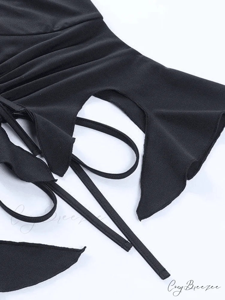 Irregular Cutout Black Trendy Long Sleeve Top