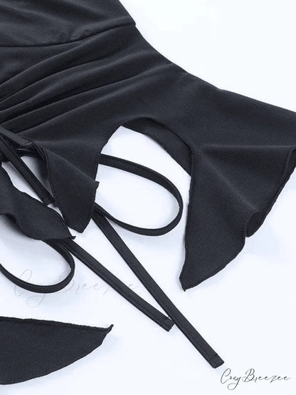 Irregular Cutout Black Trendy Long Sleeve Top