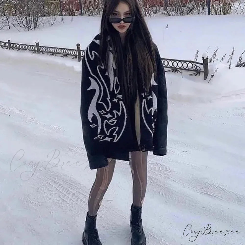 Irregular Pattern Jacquard Y2K Gothic Grunge Tassel Scarf Black / 180x25cm