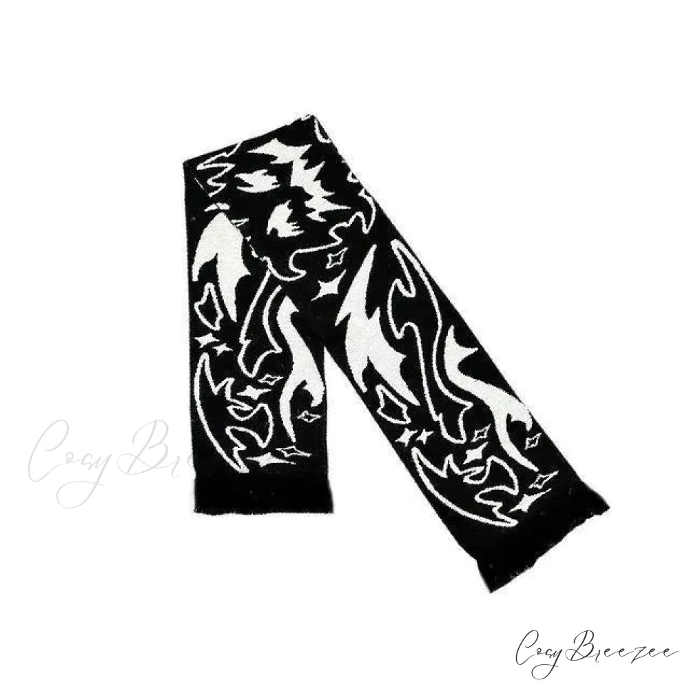 Irregular Pattern Jacquard Y2K Gothic Grunge Tassel Scarf Black / 180x25cm