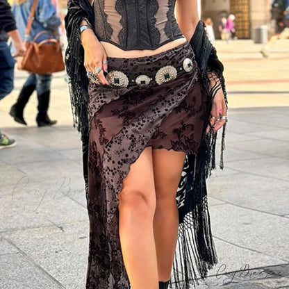 Irregular Printed Mesh Shirring Skirt Grunge Fairycore Skirt skirt-250126