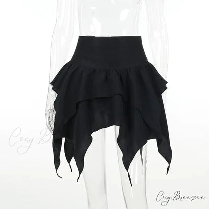 Irregular Sexy Solid Color Drawstring Tie-Up Ruched Ruffles Mini Skirt BLACK / S