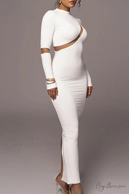 Irregular Slit Long Sleeve Dress White / M