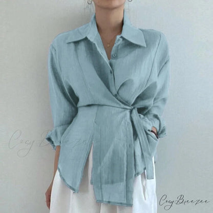 Irregular Solid Long Sleeve Sunscreen Crop Top Light Blue / S blouse-250126