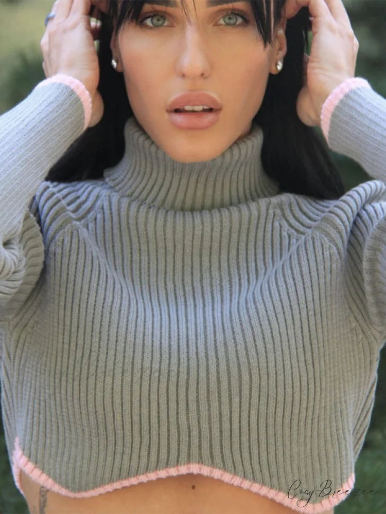 irregular sweater with hem turtleneck top short sleeve turtle long Women’s crop neck