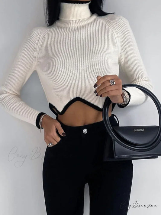 irregular sweater with hem turtleneck top short sleeve turtle long Women’s crop neck Raw white off white / S
