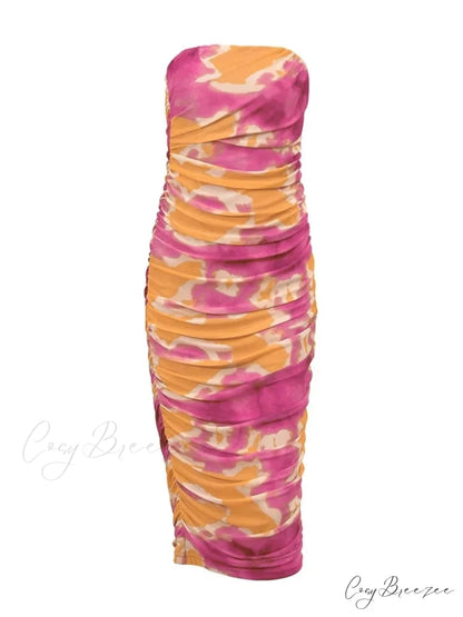 Irregular Tie Dyeing Print Tube for Women Summer Beach Party Clubwear Strapless Off Shoulder Ruched Dress