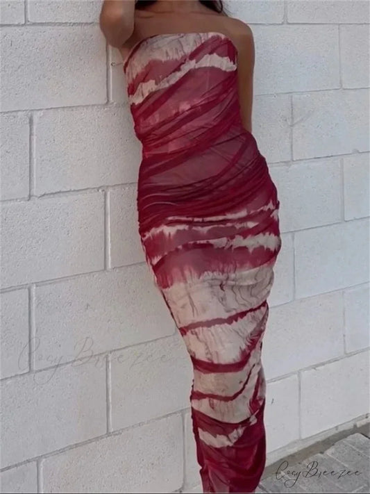 Irregular Tie Dyeing Print Tube for Women Summer Beach Party Clubwear Strapless Off Shoulder Ruched Dress RED / S