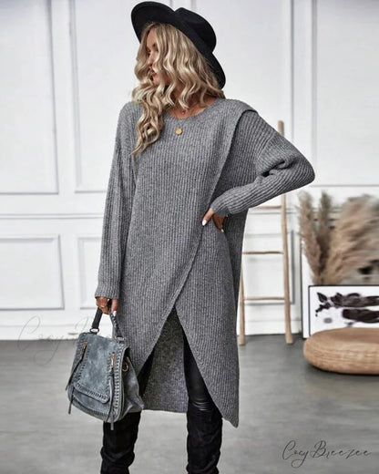 irregular with Solid color sweater dress hem