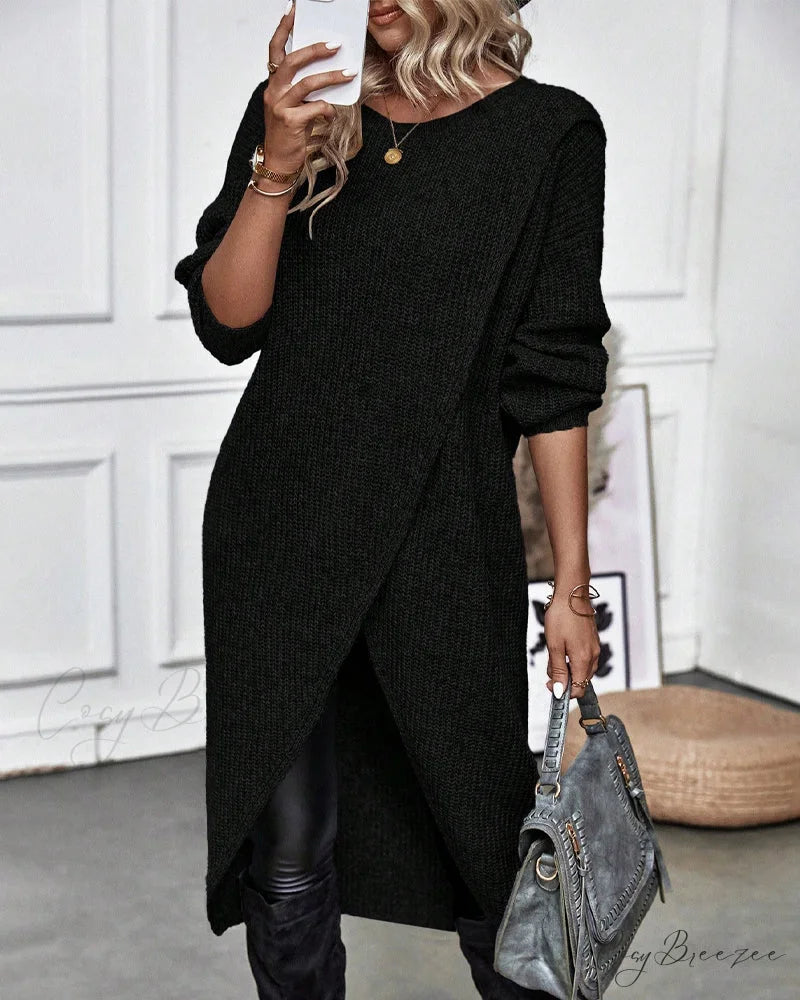 irregular with Solid color sweater dress hem Black / S