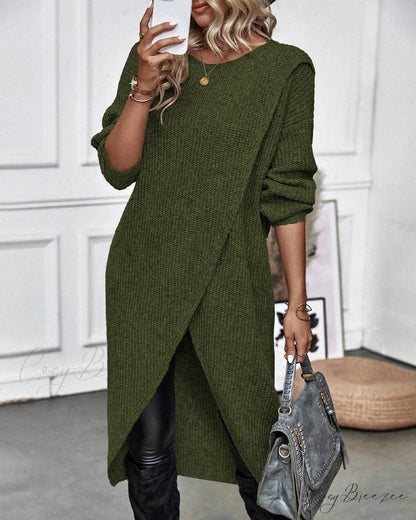 irregular with Solid color sweater dress hem Green / S