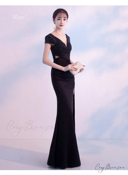 Isabella Formal Stylish High Slit Dress BLACK / XS