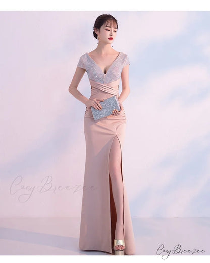 Isabella Formal Stylish High Slit Dress CHAMPAGNE / XS