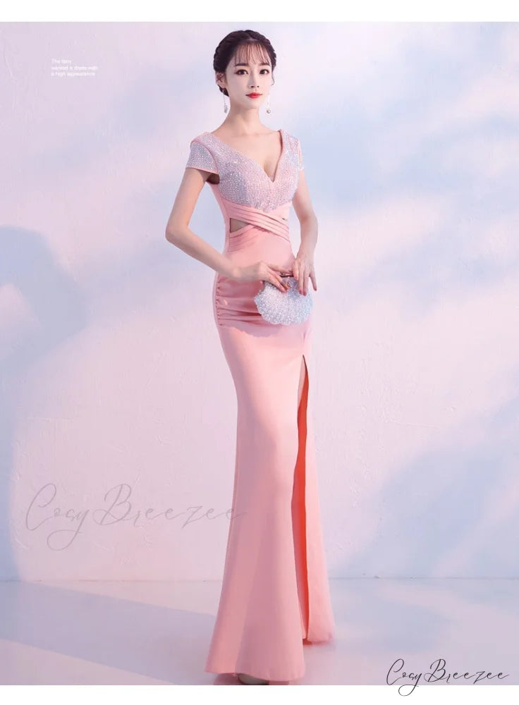 Isabella Formal Stylish High Slit Dress PINK / XS