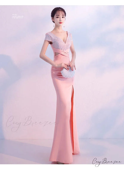 Isabella Formal Stylish High Slit Dress PINK / XS