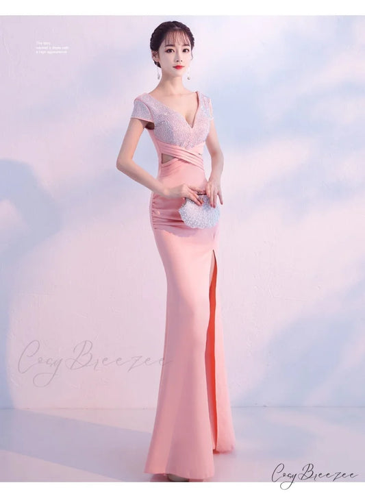 Isabella Formal Stylish High Slit Dress PINK / XS