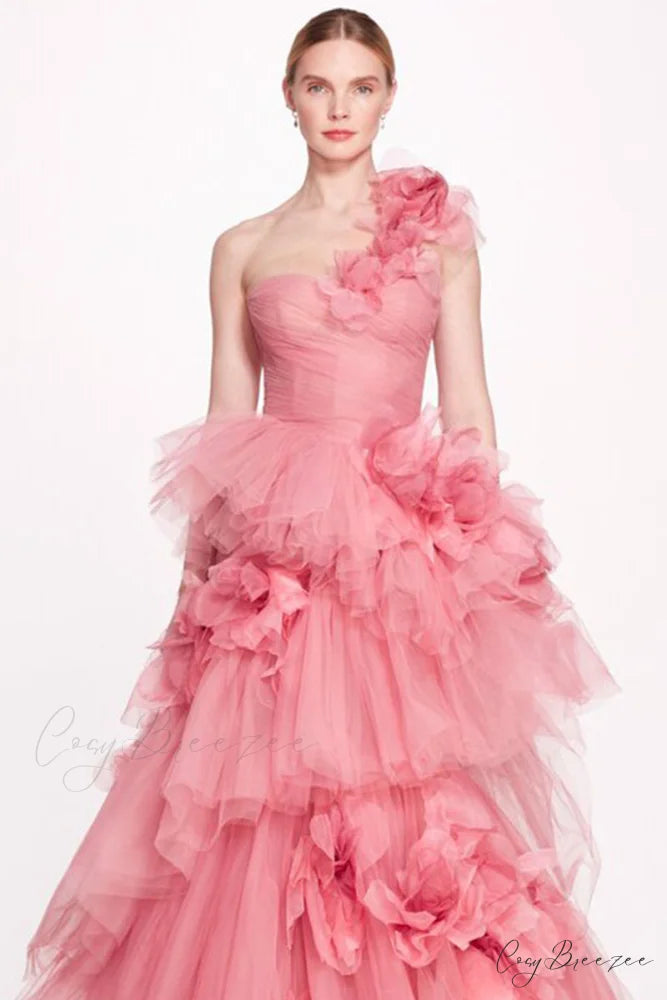 Isabella One-shoulder 3D Trendy Floral Soft Tulle Gown