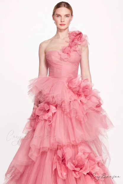 Isabella One-shoulder 3D Trendy Floral Soft Tulle Gown