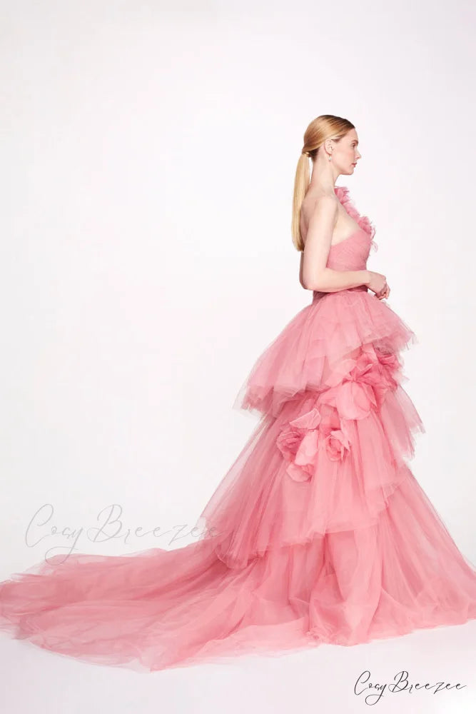 Isabella One-shoulder 3D Trendy Floral Soft Tulle Gown