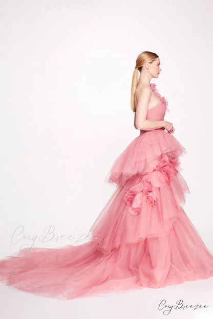 Isabella One-shoulder 3D Trendy Floral Soft Tulle Gown