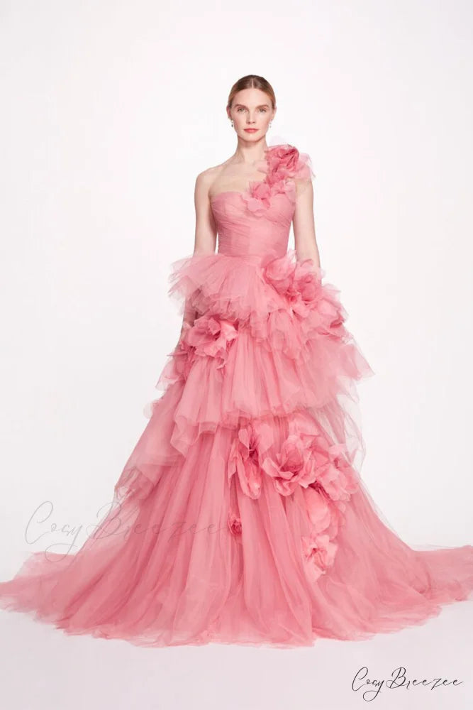 Isabella One-shoulder 3D Trendy Floral Soft Tulle Gown Pink / 2