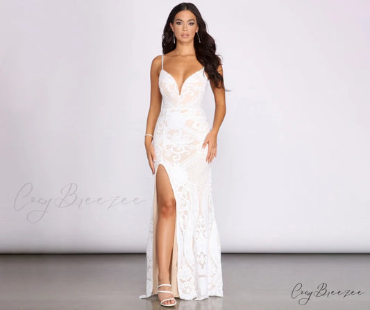 Jacie Formal Stylish Sequin Scroll Dress WHITE / S