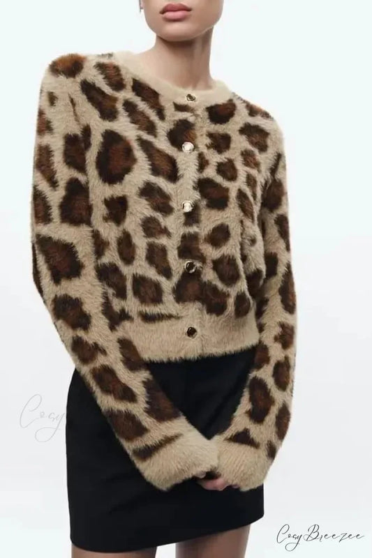 Jacquard Faux Fur Leopard Print Cardigan Khaki / S cardigans-241228