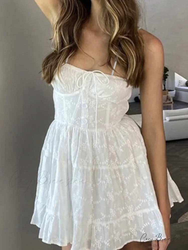 Jacquard Mesh Paneled Trendy White Mini Dress White / S