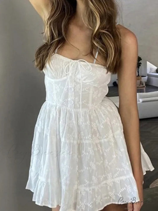 Jacquard Mesh Paneled Trendy White Mini Dress White / S