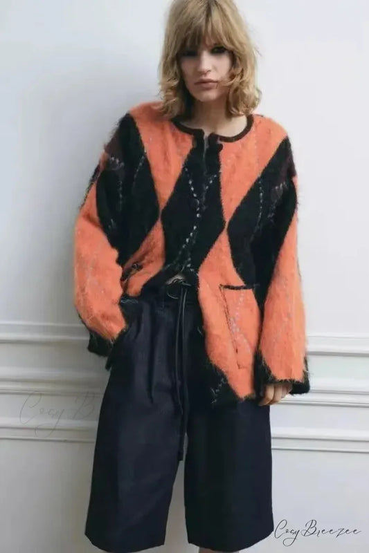 Jacquard Round Neck Full Sleeve Cardigan CORAL RED / S cardigans-241228