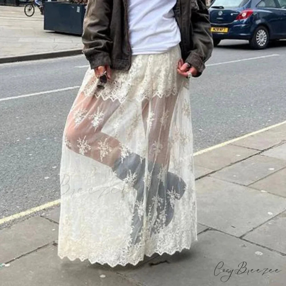 Jacquard See-Through Maxi Skirt Beige / S skirts-250223