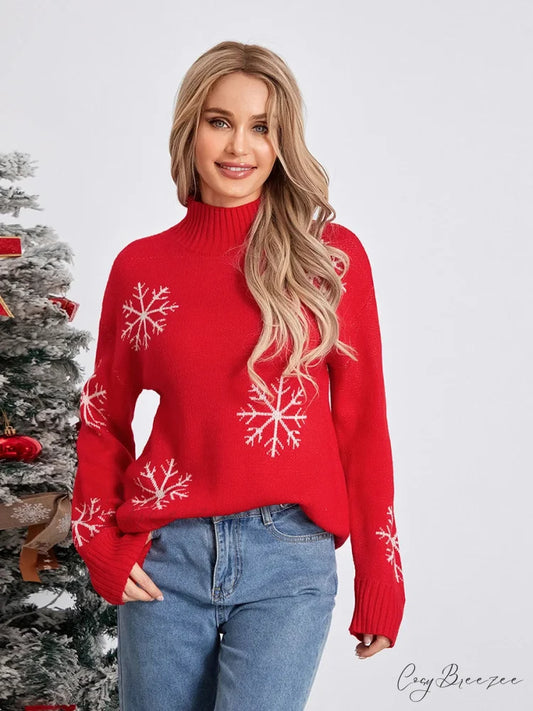 Jacquard Snowflake Long Sleeve TurtleNeck Loose Knit Christmas Sweater Red / S