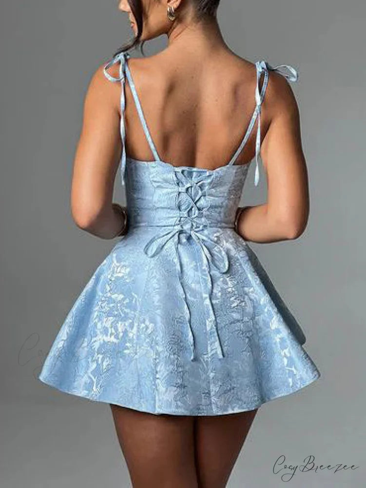 Jacquard Texture Suspender Charming Slimming A-Hem Mini Dress Light Blue / L