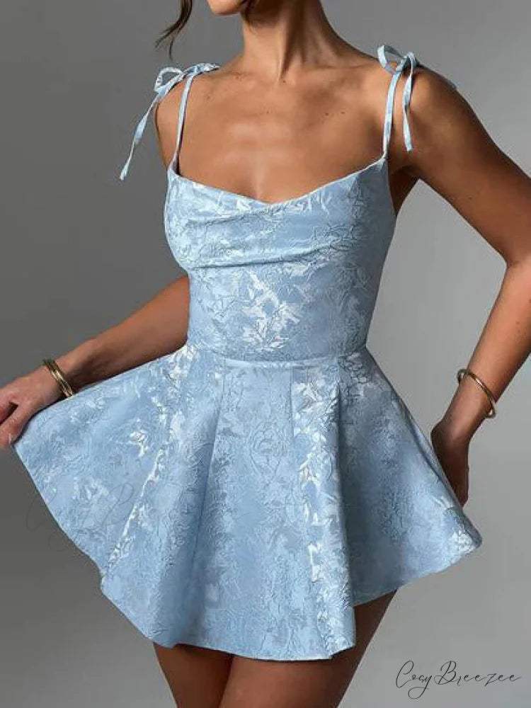 Jacquard Texture Suspender Charming Slimming A-Hem Mini Dress Light Blue / M