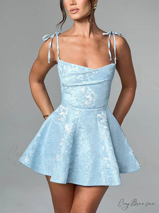 Jacquard Texture Suspender Charming Slimming A-Hem Mini Dress Light Blue / S