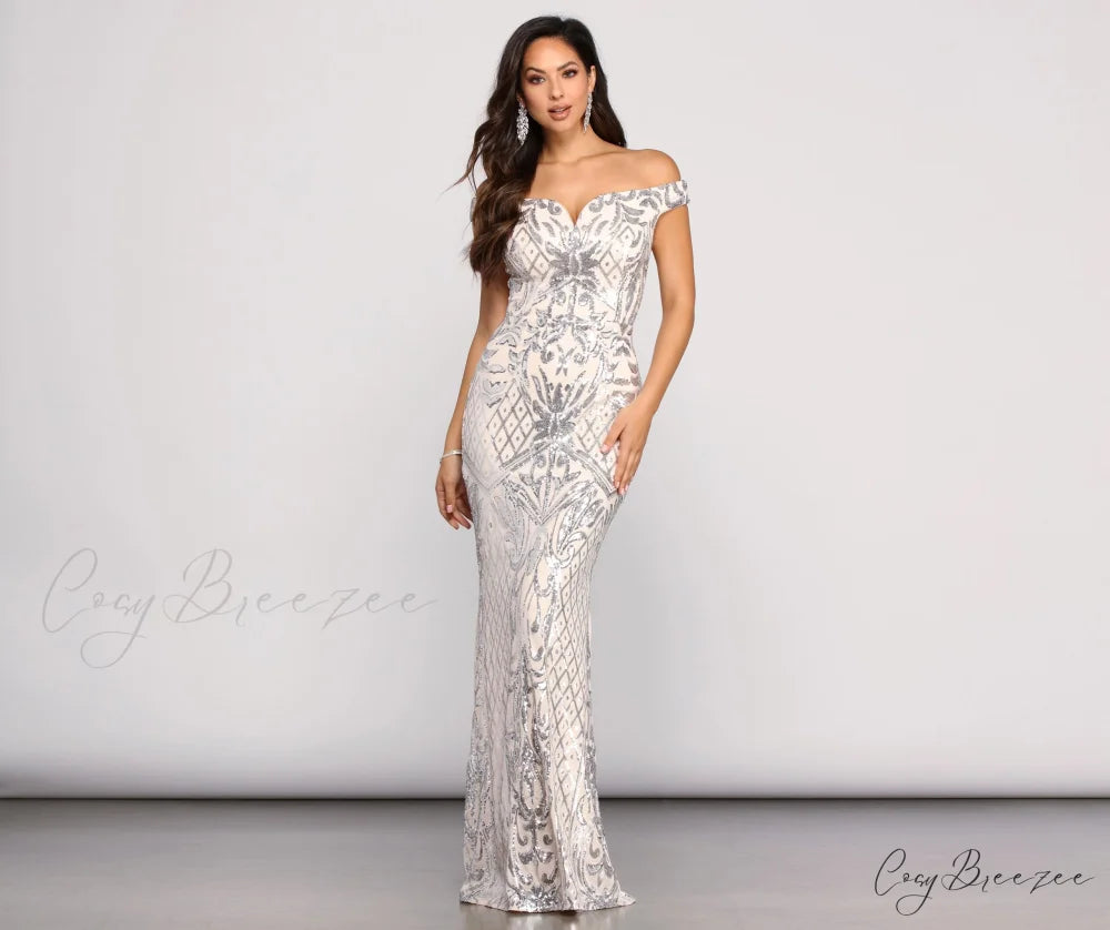 Janessa Formal Off Charming The Shoulder Dress SILVER / XS
