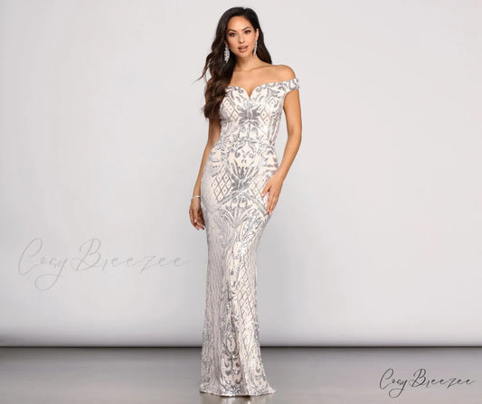 Janessa Formal Off Charming The Shoulder Dress SILVER / XS