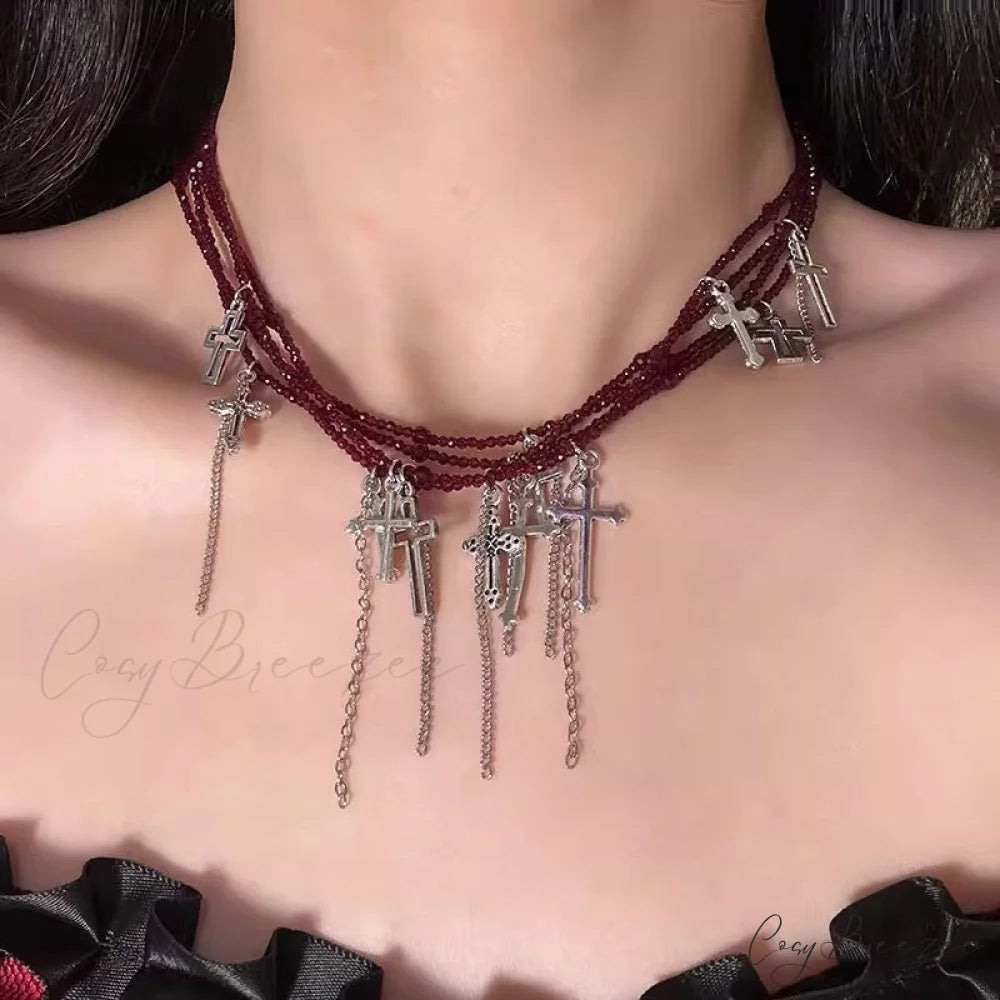 Japanese Dark Cross Layered Tassel Red Beaded Punk Choker Necklace RED