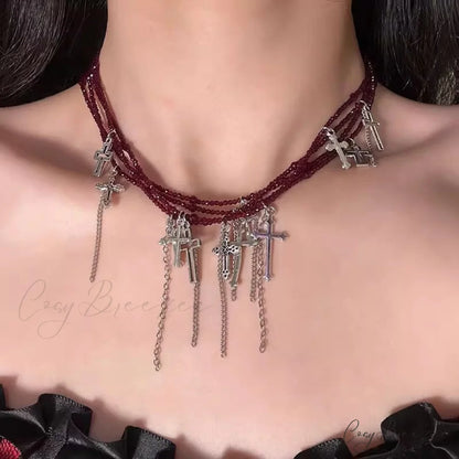 Japanese Dark Cross Layered Tassel Red Beaded Punk Choker Necklace RED