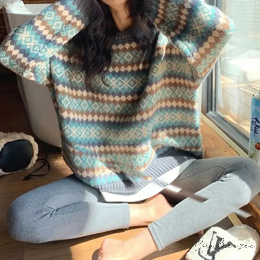 Japanese Retro Jacquard Striped High-end Sweater Blue / S swraters-241228