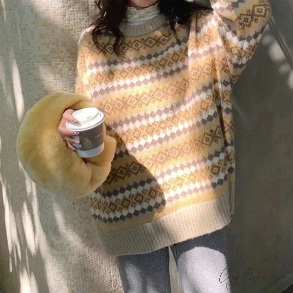 Japanese Retro Jacquard Striped High-end Sweater Yellow / S swraters-241228