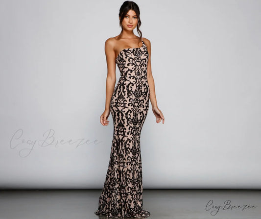 Jasmine One-Shoulder Stylish Sequin Mermaid Dress NUDE / S
