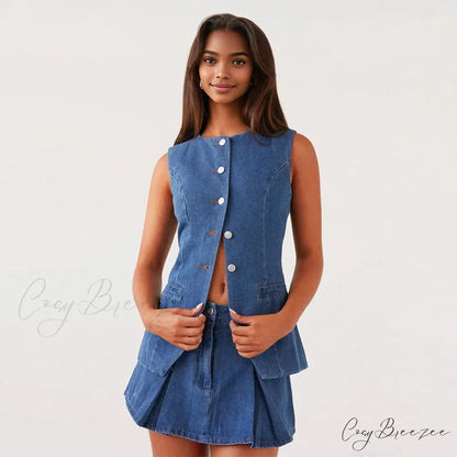 Jean Plain Buttoned Sleeveless Work Set denim skirt set / S officetwopieceset-250223