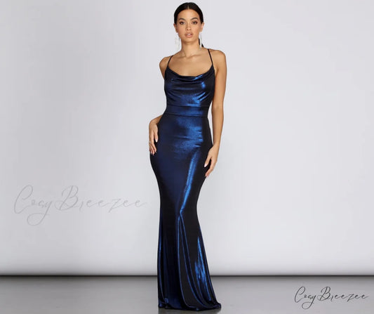 Jenna Metallic Stylish Goddess Maxi Dress BLUE / S