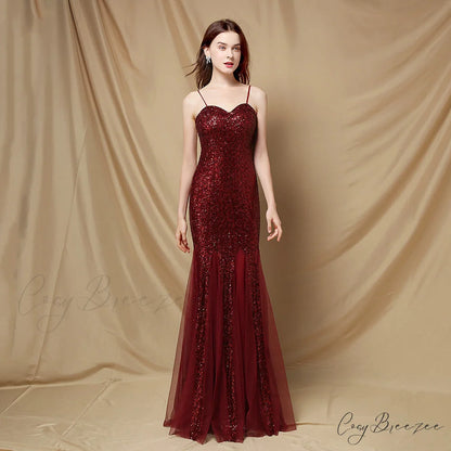 Jerry sling-mesh Stylish fishtail dress BURGUNDY / XS