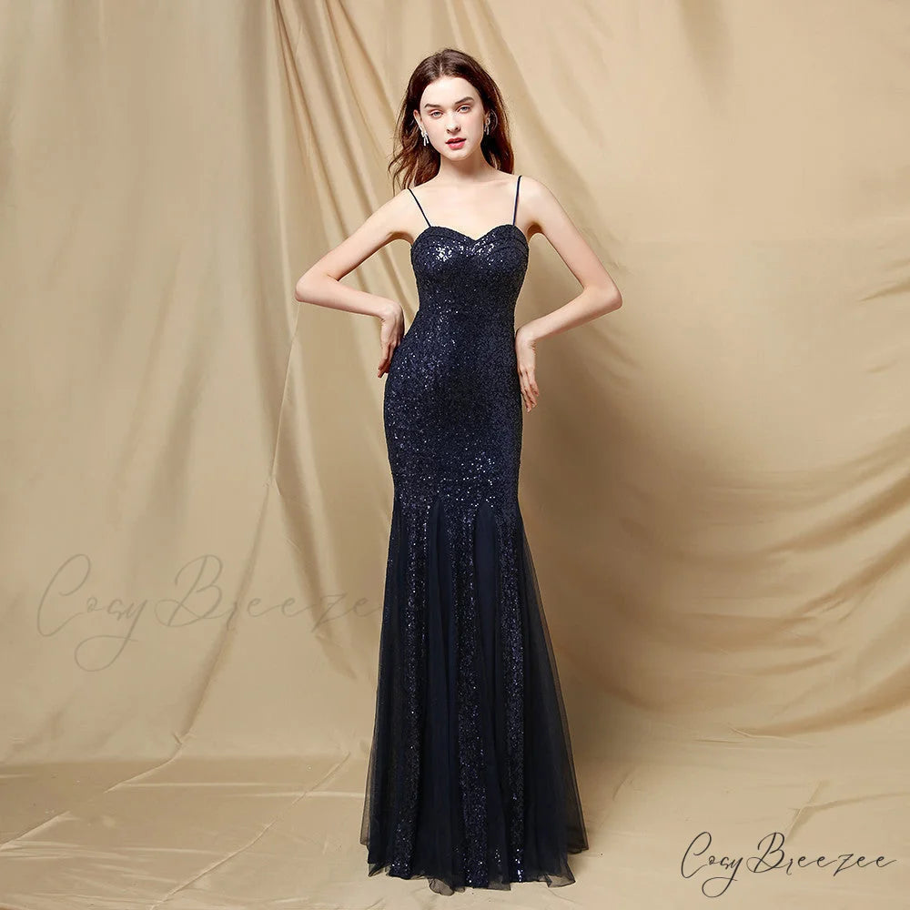 Jerry sling-mesh Stylish fishtail dress NAVY / XS