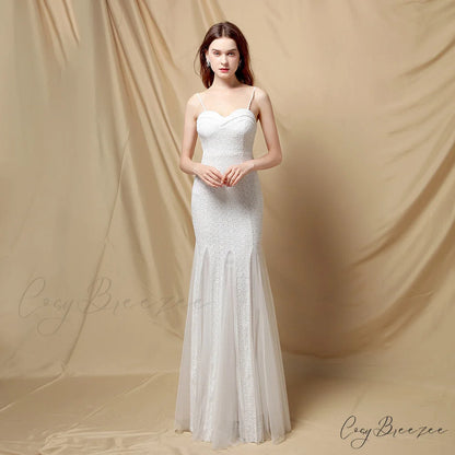 Jerry sling-mesh Stylish fishtail dress WHITE / XS